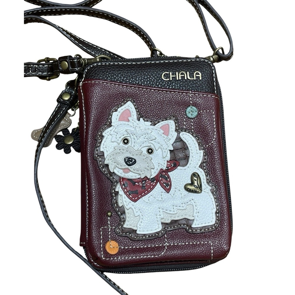 Chala Westie Dog Faux Leather Wallet Crossbody Bag Purse Maroon